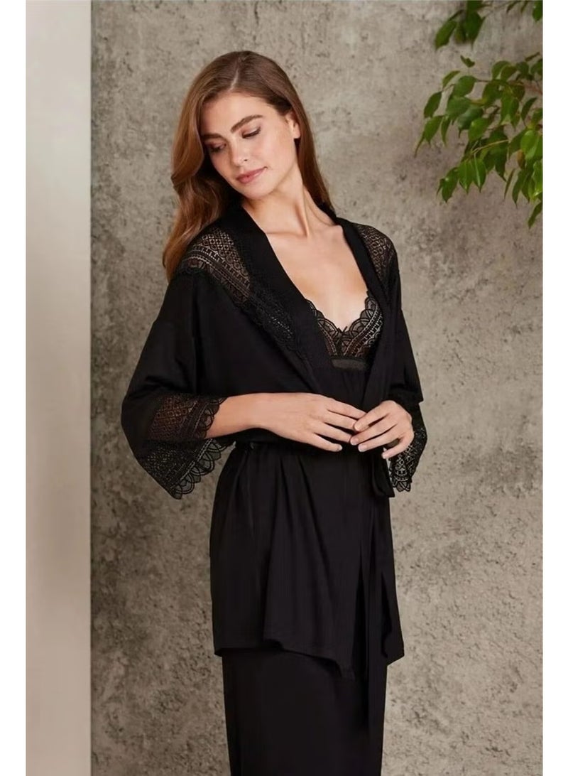 pierre cardin 2820 طقم بيجامة دانتيل من القطن المشط للنساء مع رداء - أسود - Image 1